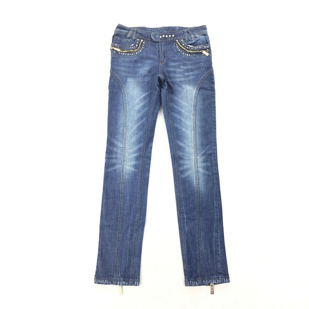 Y2K Dereon Skinny Leg Jeans Size 5 / 6 Womens Medium Wash Bling Zipper Ankles